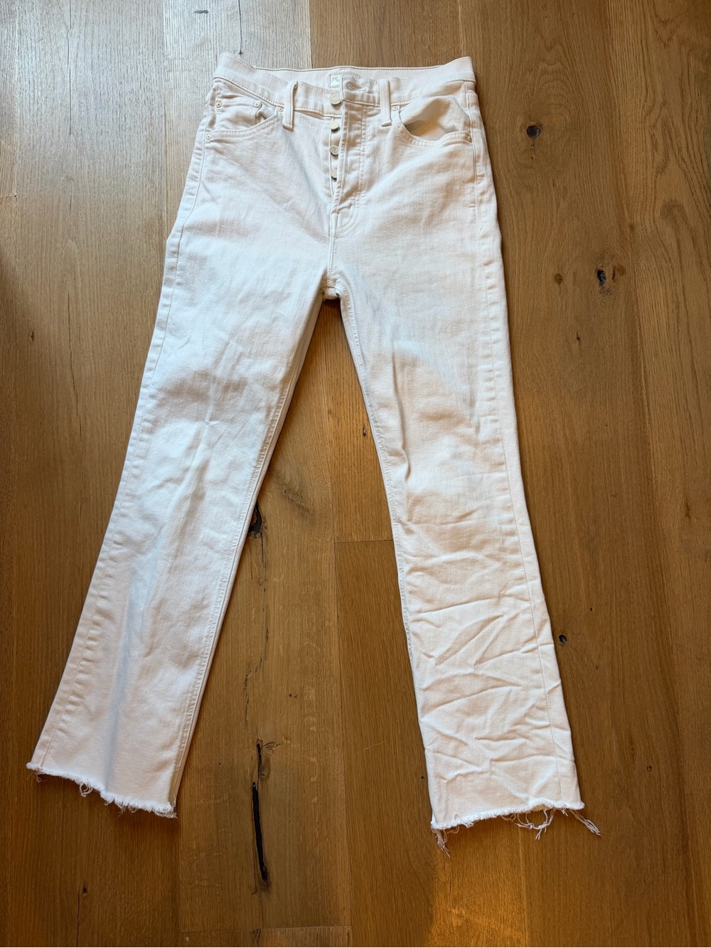 MOTHER Cream High-Rise Frayed-Hem Flare Jeans